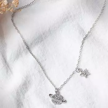Стильное и простое ожерелье Сатурн с бриллиантами, короткая цепочка на шею со звездами, инкрустированная бриллиантами, температивная цепочка на ключицу серебряный