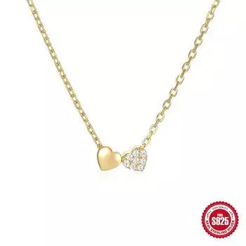 Стильное и простое женское ожерелье с двумя сердечками из стерлингового серебра 925 пробы, инкрустированное бриллиантами, на ключицу, подарок на День святого Валентина 925 Silver золотой