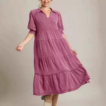 Стильное и удобное многослойное платье со средними рукавами и V-образным вырезом для женщин S синий