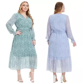Стильное и удобное женское платье больших размеров с длинными рукавами и цветочным принтом XL светло-зеленый
