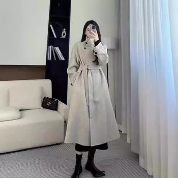 Стильное и универсальное свободное длинное двухстороннее шерстяное пальто для женщин с воротником-стойкой S