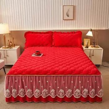 Стильное кружевное молочно-бархатное покрывало и наволочки Queen King Size, стеганая мягкая юбка с рюшами в форме сердца, двойное теплое зимнее покрывало Only 2pcs pillowcase синий