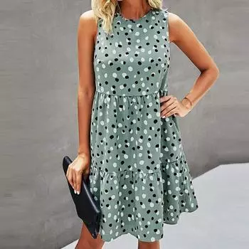 Стильное летнее платье длиной до колена, уличная одежда, сарафан с круглым вырезом и принтом в горошек S чёрный