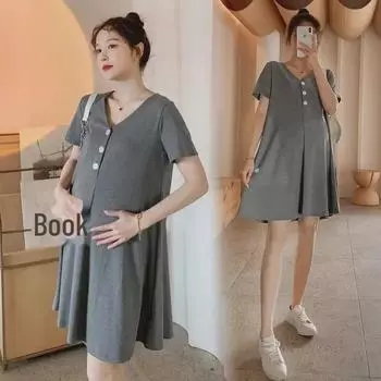 Стильное летнее платье для беременных и кормящих мам - модная свободная юбка-футболка для мам, бросающих вызов возрасту XL темно-серого