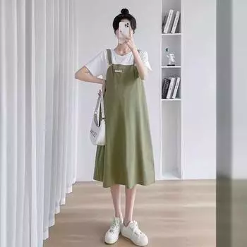 Стильное летнее платье для беременных 2023 года с подвязками – свободный крой, средняя длина, сшитый из двух частей XL темно-синий