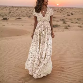 Стильное летнее платье с V-образным вырезом и коротким рукавом, длинное платье в горошек в стиле бохо на праздники S синий