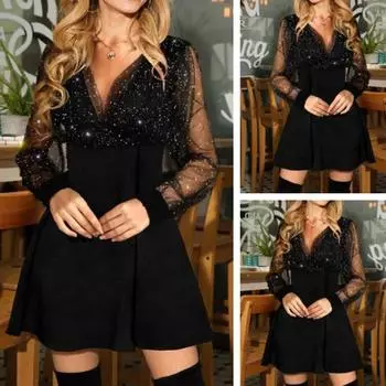 Стильное мини-платье с длинными рукавами на молнии и спецодеждой M чёрный