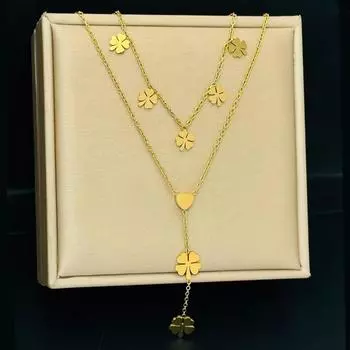 Стильное многослойное блестящее ожерелье с четырьмя листочками клевера, подвеска из золота 18 карат, цепочка на ключицу из нержавеющей стали