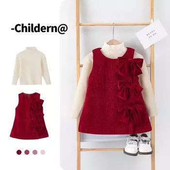 Стильное осенне-зимнее платье для девочек с цветочным бантом и плюшевой подкладкой, идеально подходит для праздничных случаев. 100 cm