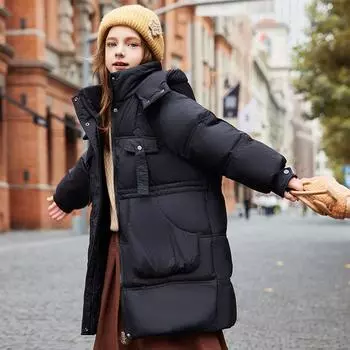 Стильное пальто для девочек средней длины, толстое зимнее пуховое пальто 120cm коричневый