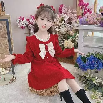 Стильное платье принцессы: Милая осенняя вельветовая юбка с бантом для девочек 150 cm красный