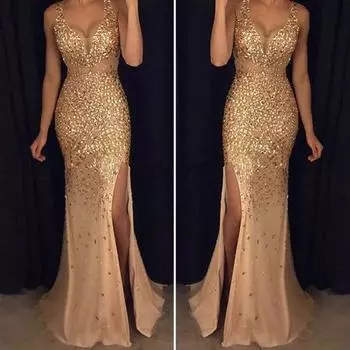 Стильное платье с блестками без рукавов, однотонное, приталенное L золотистый