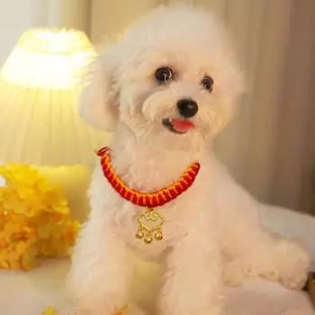 Стильное праздничное, удобное в носке ожерелье для питомца с замком-подвеской на долголетие в виде маленькой собачки-щенка на Новый год M красный