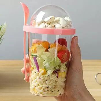 Стильное разделение для сухого и влажного хранения, большая емкость, удобная чашка для овсянки для похудения с крышкой, ложка, хозяйственные принадлежности, чашка для йогурта розовый