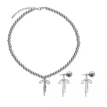 Стильное серое ожерелье и серьги с подвеской из бисера, женский комплект украшений из серого бисера с подвеской в виде банта для повседневного ношения