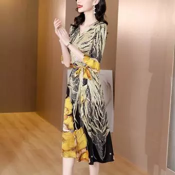 Стильное шелковое платье для женщин среднего возраста с короткими рукавами и элегантным шармом M жёлтый