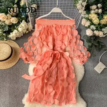 Стильное трехмерное лоскутное сетчатое платье для женщин весна-лето Slash Neck Puff Sleeve Bandgae Платья Uniform code белый