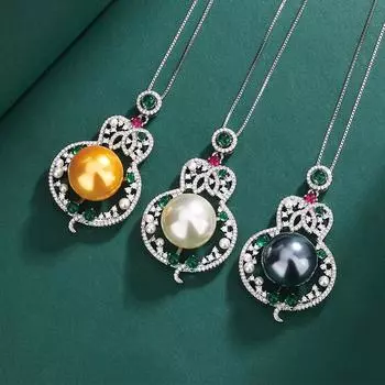 Стильное винтажное ожерелье из рубинового тыквенного жемчуга с подвеской из полого изумрудного кристалла и циркония