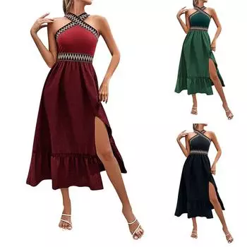 Стильное женское платье с высокой талией и перекрещивающимися бретелями через шею L чёрный