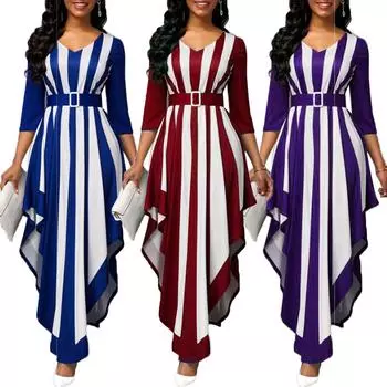 Стильное женское платье в полоску с V-образным вырезом 43894 и нерегулярным вертикальным краем L синий