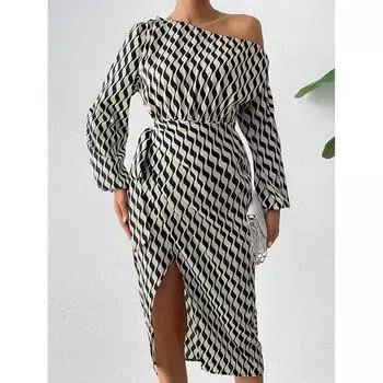 Стильное женское сексуальное платье с длинными рукавами и косым воротником, на шнуровке, с высокой талией, элегантные платья для женщин, повседневное платье с нерегулярным разрезом для вечеринок и клуба 25936 S белый