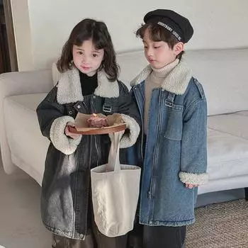Стильное зимнее пальто из шерстяного денима для детей 2024 года — плотная длинная куртка для мальчиков и девочек 140 cm чёрный/серый