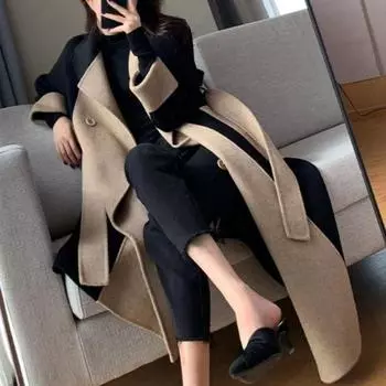 Стильное зимнее пальто с отложным воротником, теплое элегантное зимнее пальто контрастного цвета с лацканами S чёрный