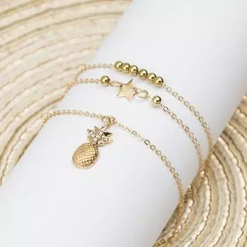 Стильные цепочки на щиколотке с пятиконечной звездой и женским кулоном с ананасом серебряный