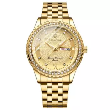 Стильные часы из нержавеющей стали с золотым светящимся аналоговым дисплеем, календарем, водонепроницаемостью 3ATM, днями недели, парными часами, кварцевыми часами для отдыха и бизнеса