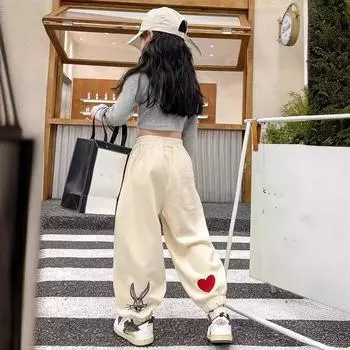 Стильные детские брюки весна-осень, свободный крой, повседневные брюки для девочек, большие и средние размеры для детей 170cm чёрный