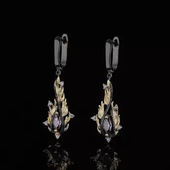 Стильные длинные фиолетовые серьги-капли из циркония, изысканные серьги в форме перьев из черного золота, подарок на годовщину чёрный