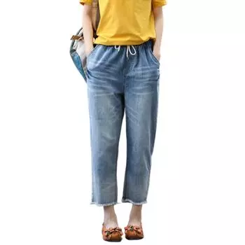 Стильные джинсовые брюки для джинсов с эластичной талией и укороченные в американском кэжуал стиле для лета и осени [UQQA] женщины, длина, весна, (голубой, S)