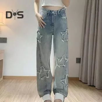 Стильные джинсы с вышивкой звезд, свободные широкие брюки, модные удобные джинсовые брюки для женщин M синий
