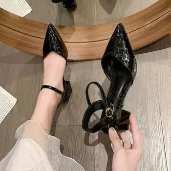 Стильные и простые модные женские туфли с неглубоким горлом 2024 года, британский стиль, спереди сумка сзади, с пряжкой, одинарные туфли, женские босоножки на толстом каблуке, женские 35 бежевый