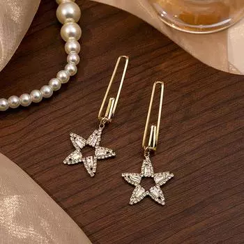 Стильные и простые очаровательные длинные серьги с цирконом в форме звезды в простом и стильном дизайне для женщин золотой
