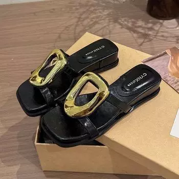 Стильные и простые соль персонализированный металл толстое дно одно слово тапки женские летние универсальные легкие повседневные на танкетке с крутыми шлепанцами тренд 35