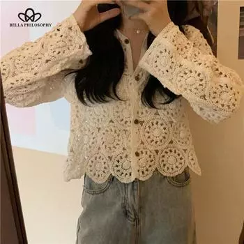 Стильные кардиганы с длинными рукавами и цветами, тонкие винтажные женские кружевные милые корейские женские шикарные блузки, милые топы One Size абрикосовый