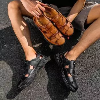 Стильные классические прочные летние кожаные повседневные туфли на плоской подошве, сандалии для мужчин, легкие, водонепроницаемые, удобные, подходят для всех сезонов US 5(EUR 38) чёрный