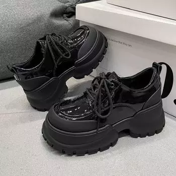 Стильные кожаные туфли на толстой подошве с увеличенной подошвой, осенние туфли-маффины на шнуровке, черные универсальные туфли-лоферы 35