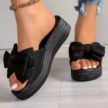 Стильные летние босоножки на танкетке для женщин, удобные и модные открытые пляжные туфли без застежек с бантом, доступны большие размеры 36 чёрный