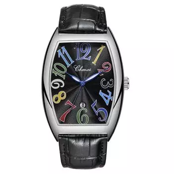 Стильные мужские часы Tonneau с кожаным ремешком и кварцевыми наручными часами для мужчин