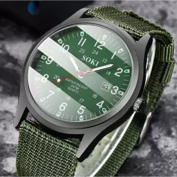Стильные мужские часы в стиле милитари, повседневный нейлоновый ремешок для часов, кварцевый ремешок для часов, дисплей с календарем 1 зелёный