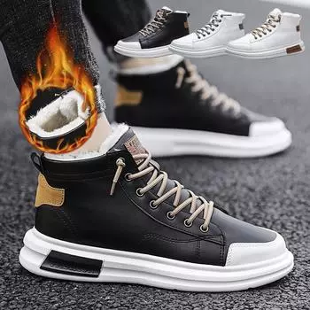 Стильные мужские водонепроницаемые кожаные уличные ботильоны, удобные легкие зимние теплые плюшевые зимние ботинки 39 чёрный