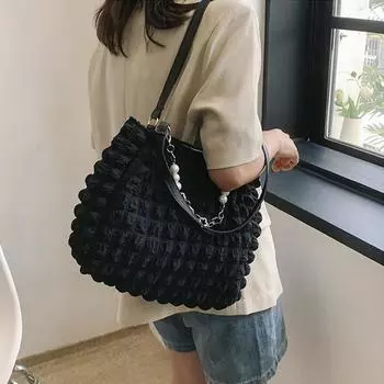 Стильные плиссированные женские сумки-тоут большой емкости с жемчужной цепочкой, женские дорожные сумки 3 цвета, женские сумки через плечо