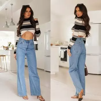 Стильные потертые длинные базовые женские джинсы прямого кроя S синий