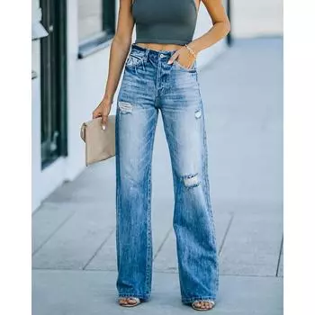 Стильные потертые рваные джинсы скинни с широкими штанинами S синий