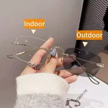 Стильные прямоугольные фотохромные очки без оправы, женские роскошные прозрачные очки для близорукости, мужские и женские очки, меняющие цвет 0