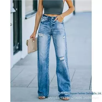 Стильные рваные джинсовые брюки средней посадки для женщин, прямой покрой штанин M светло-синий