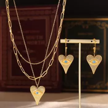 Стильные серьги-подвески в форме сердца с изображением глаза дьявола, многослойное ожерелье из титановой стали с покрытием из настоящего золота 18 карат, модный костюм