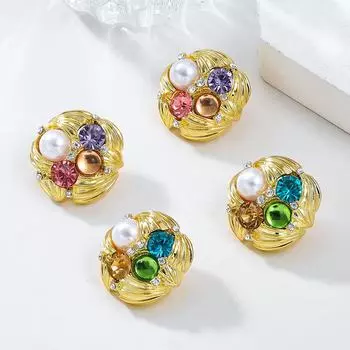 Стильные серьги с круглым жемчугом и цветными бриллиантами в европейско-американском стиле